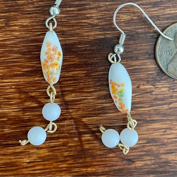 Painted Drop Earrings | White Orange Green | Silver Hooks | Floral Design - Picture 4 of 4